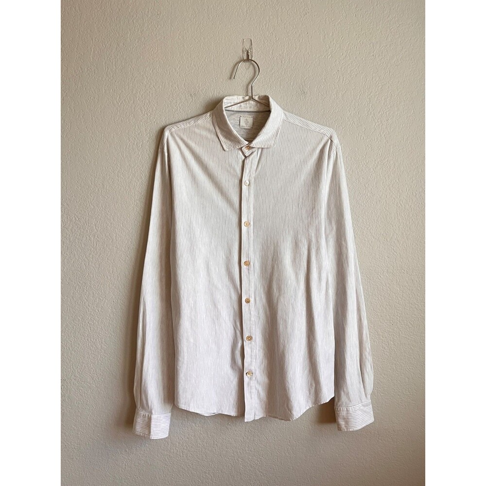 Eleventy Platinum Men's Soft Cotton Stripe Button Down in White/Gray Size LARGE